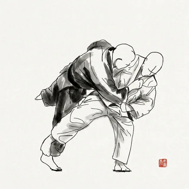 Ashi Guruma (Leg Wheel), sumi-e ink drawing of the judo throw