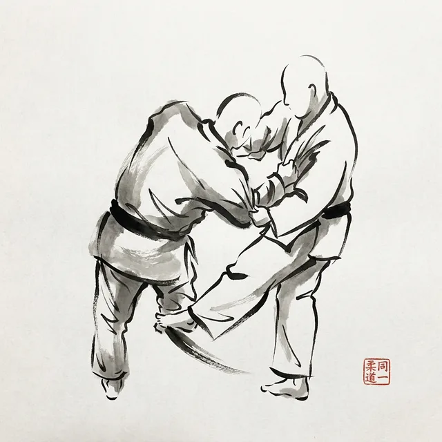 Deashi Harai (Advancing Foot Sweep), sumi-e ink drawing of the judo throw
