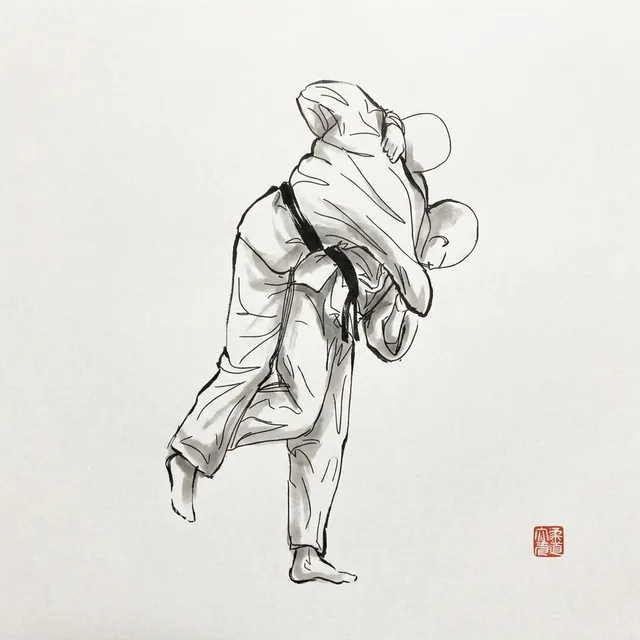 Hane Goshi (Spring Hip), sumi-e ink drawing of the judo throw