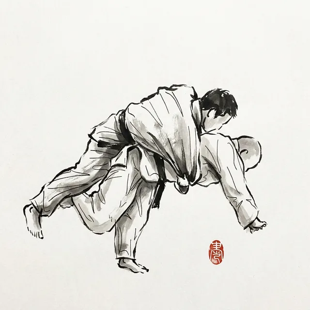 Hane Makikomi (Springing Wraparound), sumi-e ink drawing of the judo throw