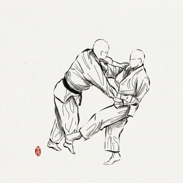 Harai Tsurikomi Ashi (Sweeping Drawing Ankle), sumi-e ink drawing of the judo throw
