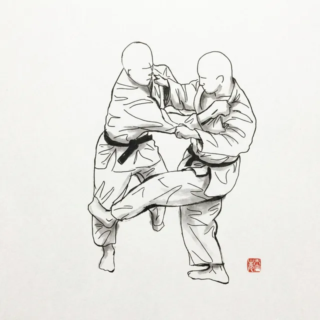 Hiza Guruma (Knee Wheel), sumi-e ink drawing of the judo throw