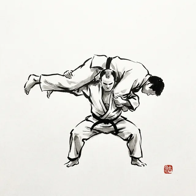 Kata Guruma (Shoulder Wheel), sumi-e ink drawing of the judo throw