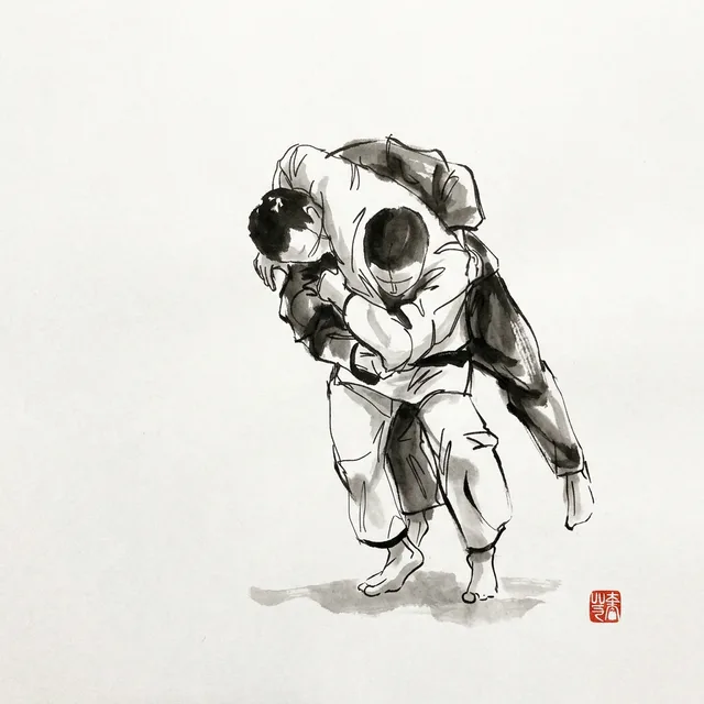 Koshi Guruma (Hip Wheel), sumi-e ink drawing of the judo throw