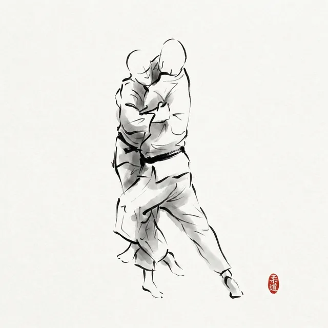 Kosoto Gake (Minor Outer Hook), sumi-e ink drawing of the judo throw