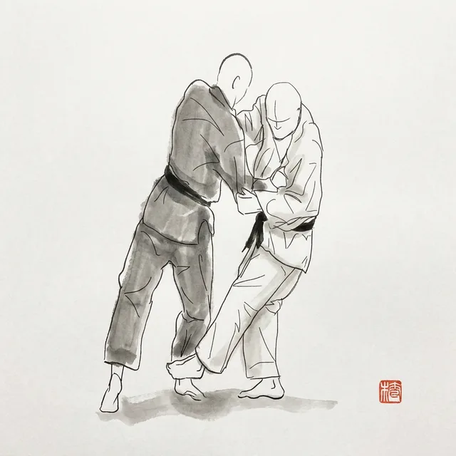 Kosoto Gari (Minor Outer Reap), sumi-e ink drawing of the judo throw