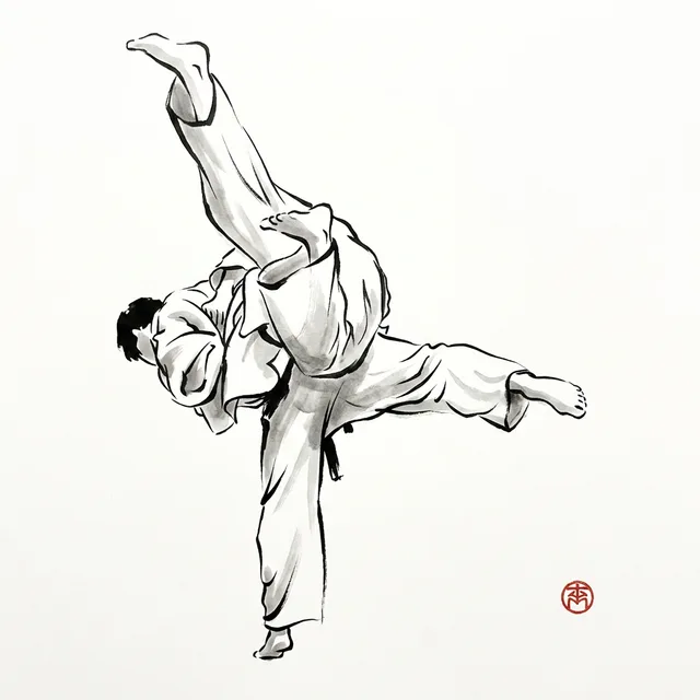 O Guruma (Major Wheel), sumi-e ink drawing of the judo throw