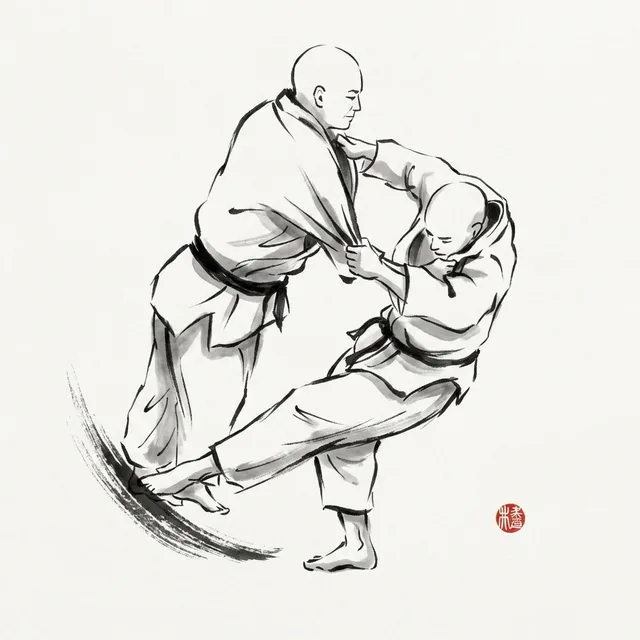 Okuri Ashi Harai (Sliding Foot Sweep), sumi-e ink drawing of the judo throw