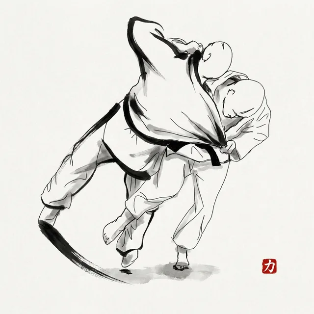 Osoto Gari (Major Outer Reap), sumi-e ink drawing of the judo throw