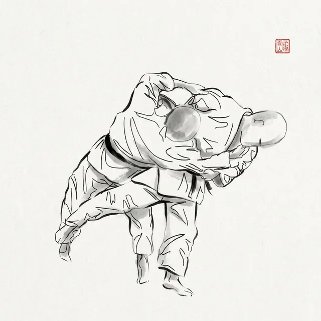 Osoto Guruma (Major Outer Wheel), sumi-e ink drawing of the judo throw