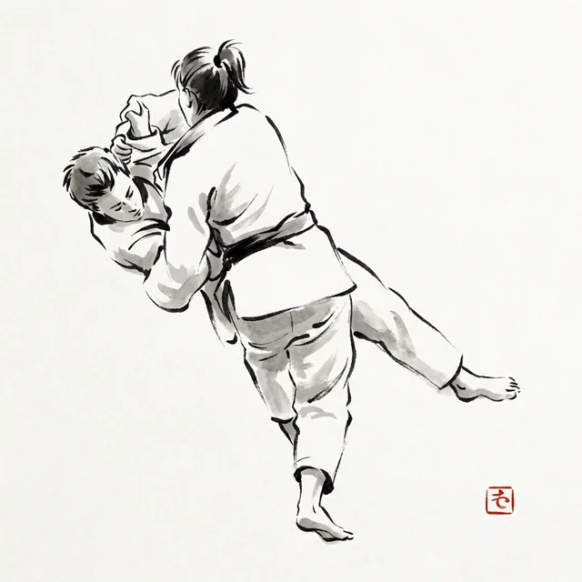 Sasae Tsurikomi Ashi (Propping Drawing Ankle), sumi-e ink drawing of the judo throw