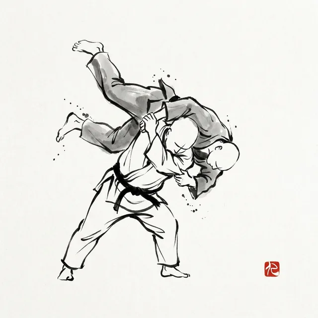 Seoi Nage (Shoulder Throw), sumi-e ink drawing of the judo throw