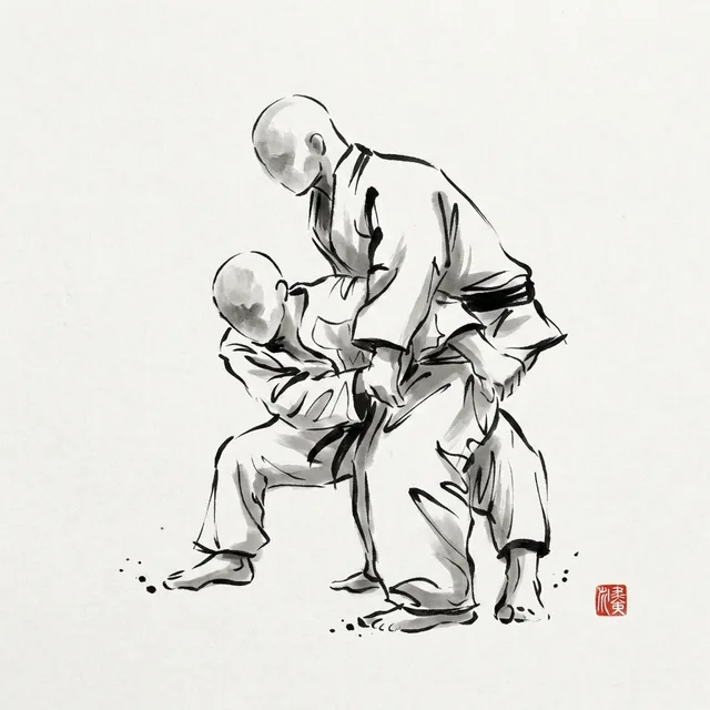 Sukui Nage (Scooping Throw), sumi-e ink drawing of the judo throw