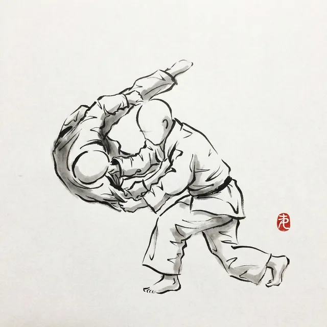 Sumi Otoshi (Corner Drop), sumi-e ink drawing of the judo throw