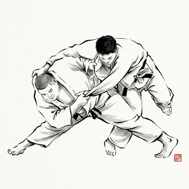 Tai Otoshi (Body Drop), sumi-e ink drawing of the judo throw
