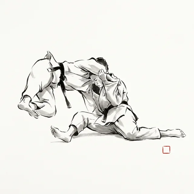 Tani Otoshi (Valley Drop), sumi-e ink drawing of the judo throw