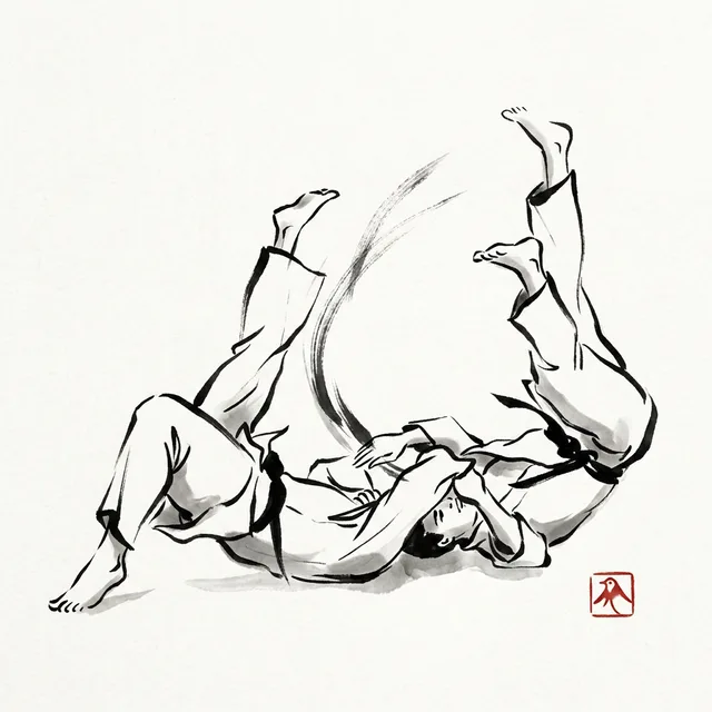 Tomoe Nage (Circle Throw), sumi-e ink drawing of the judo throw