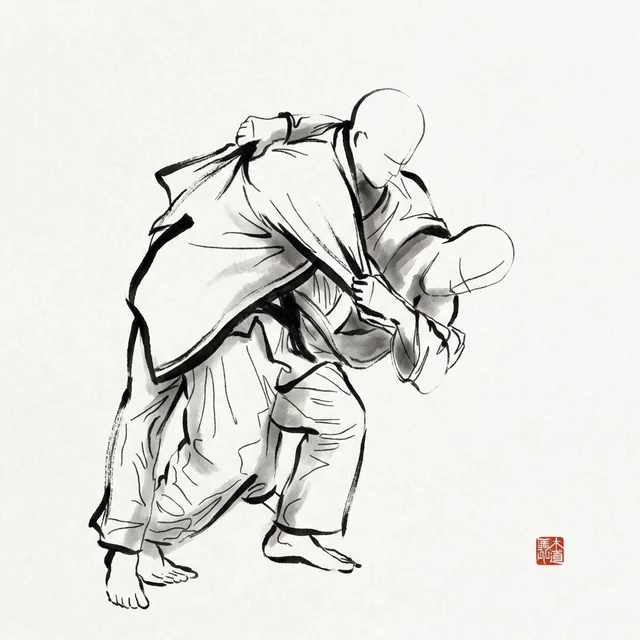Tsuri Goshi (Lifting Hip), sumi-e ink drawing of the judo throw