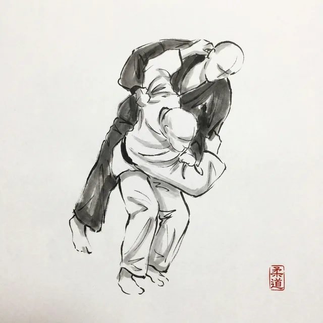 Tsurikomi Goshi (Lifting-Pulling Hip), sumi-e ink drawing of the judo throw