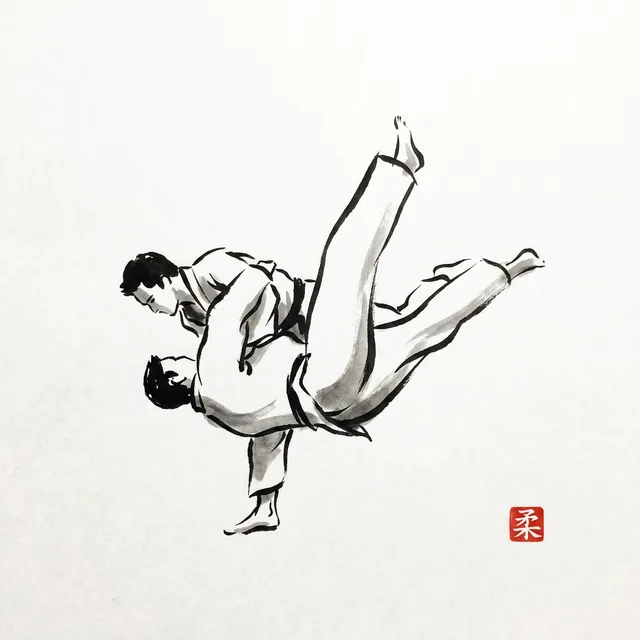 Uchi Mata (Inner Thigh Throw), sumi-e ink drawing of the judo throw