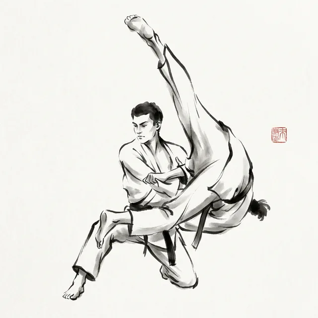 Uki Otoshi (Floating Drop), sumi-e ink drawing of the judo throw