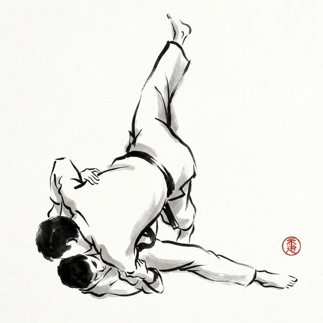Uki Waza (Floating Technique), sumi-e ink drawing of the judo throw