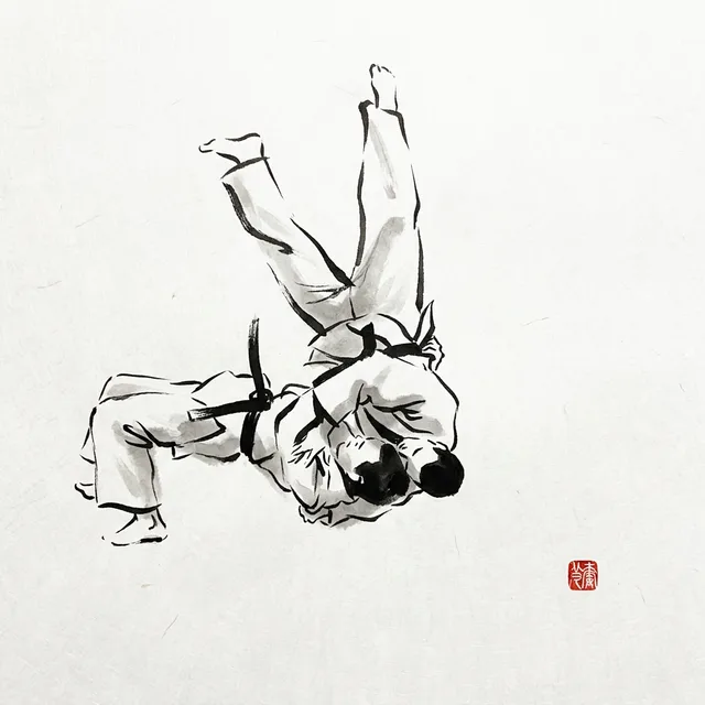 Ura Nage (Rear Throw), sumi-e ink drawing of the judo throw