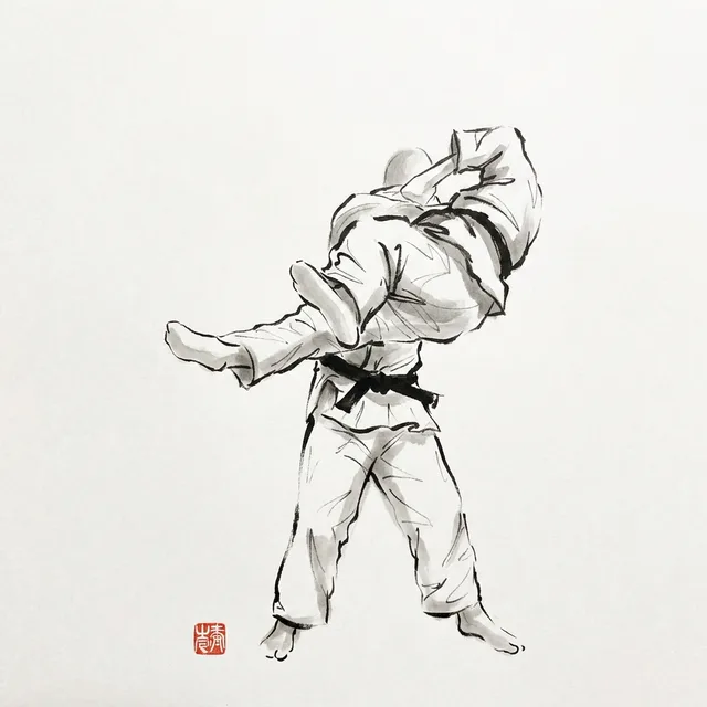 Ushiro Goshi (Rear Hip), sumi-e ink drawing of the judo throw