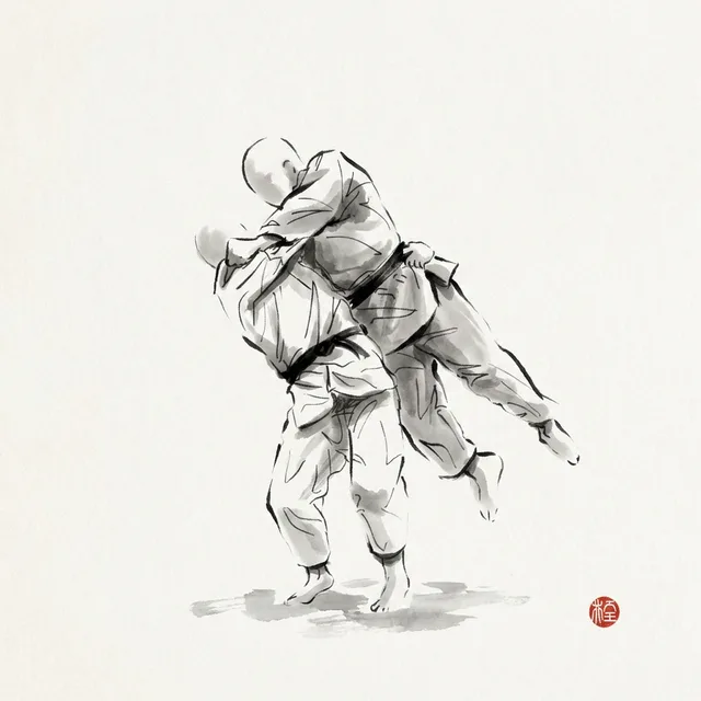 Utsuri Goshi (Shifting Hip), sumi-e ink drawing of the judo throw