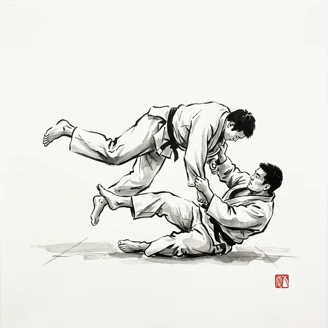 Yoko Gake (Side Prop), sumi-e ink drawing of the judo throw