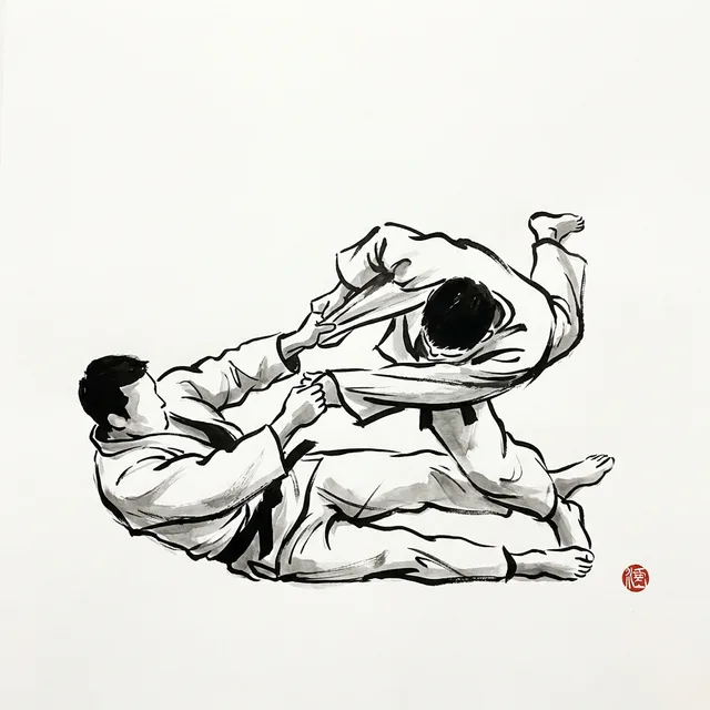 Yoko Otoshi (Side Drop), sumi-e ink drawing of the judo throw