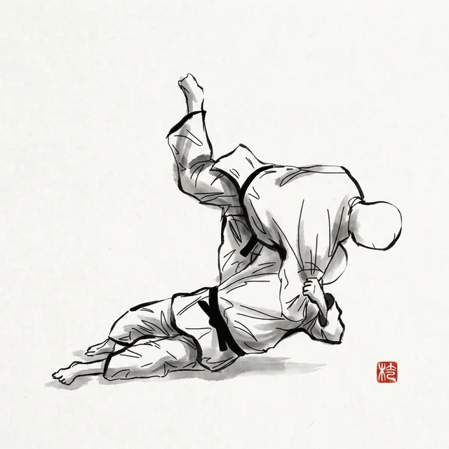 Yoko Wakare (Side Separation), sumi-e ink drawing of the judo throw